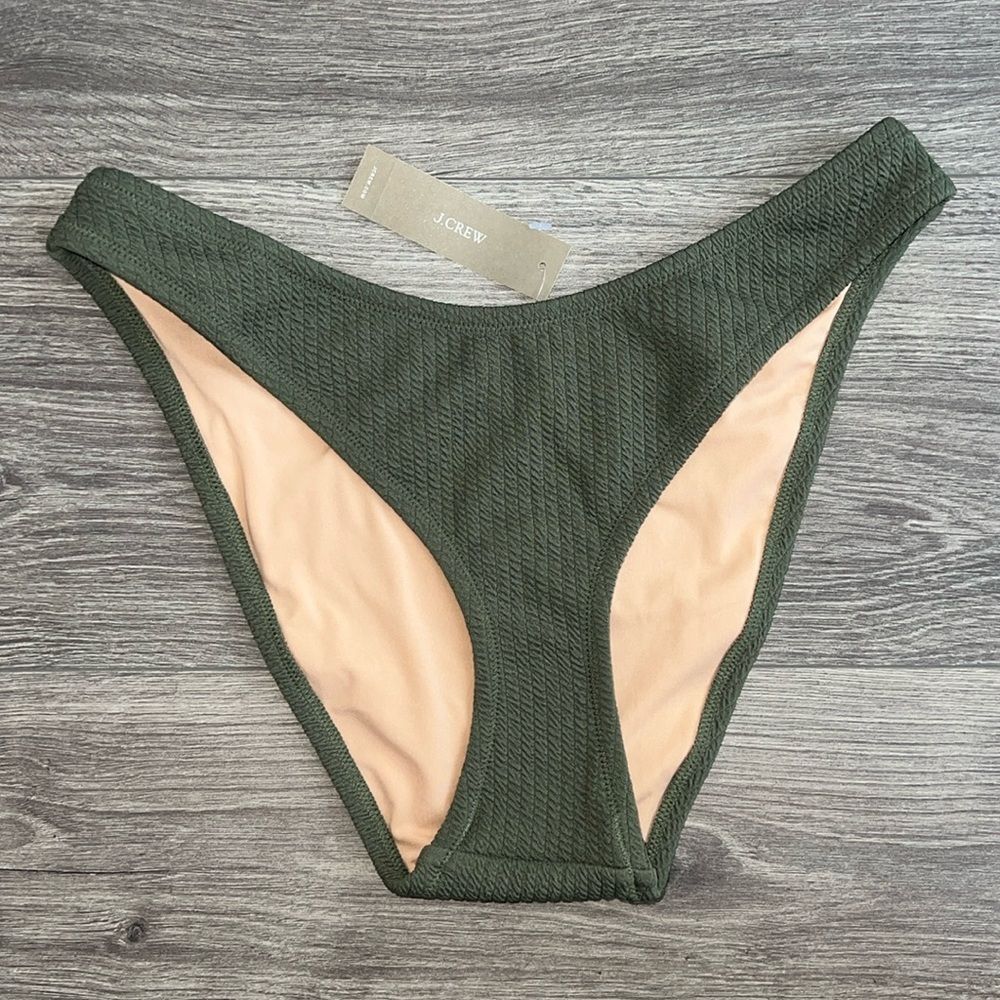 J.CREW Textured Cheeky Bikini Bottom Small Curved-Waist High Cut Olive Green NWT